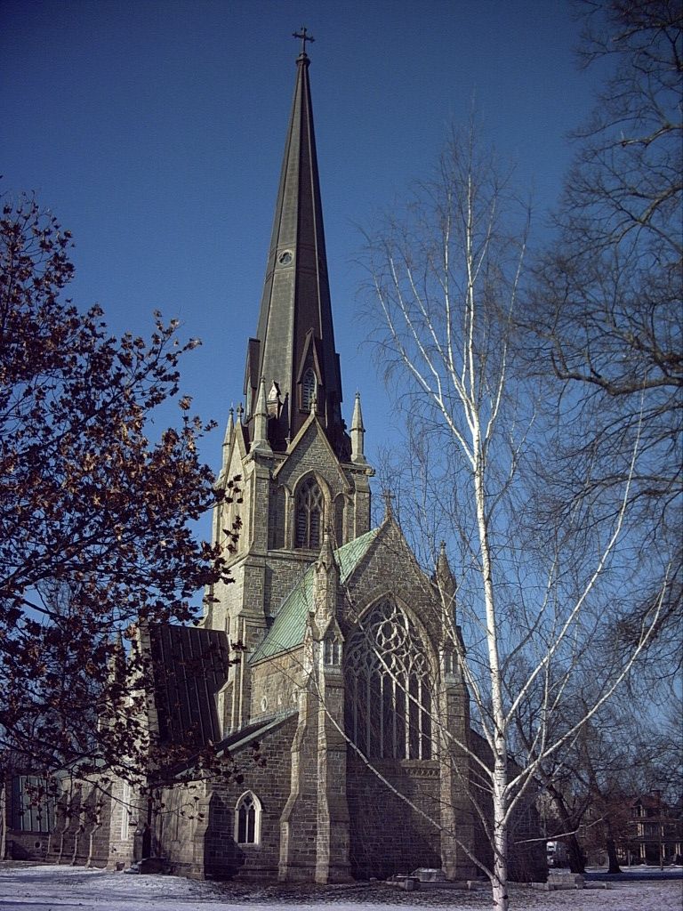 Christ Church Cathedral, Fredericton, spire against a winter sky