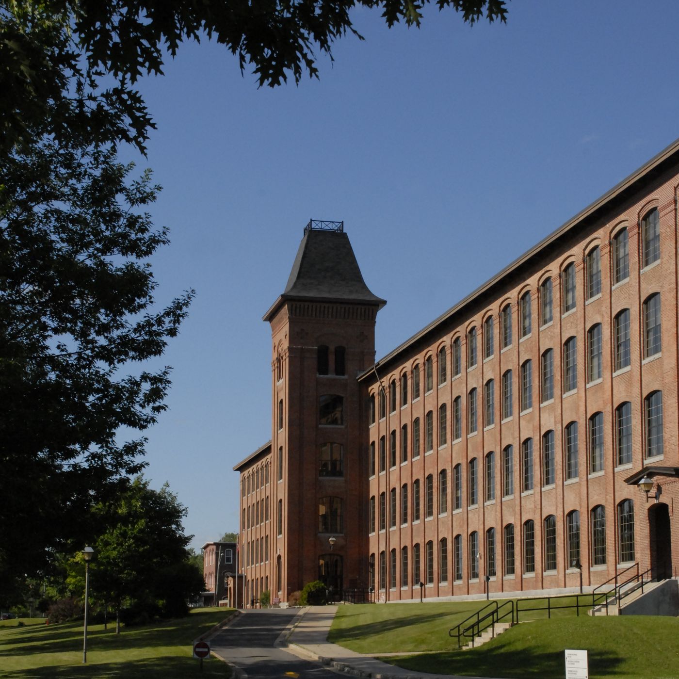 The historic Marysville cotton mill, red brick with a central tower